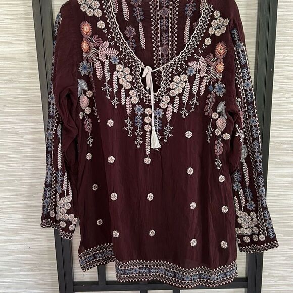 Johnny Was Tops - Johnny Was burgundy embroidered blouse BoHo chic Size m